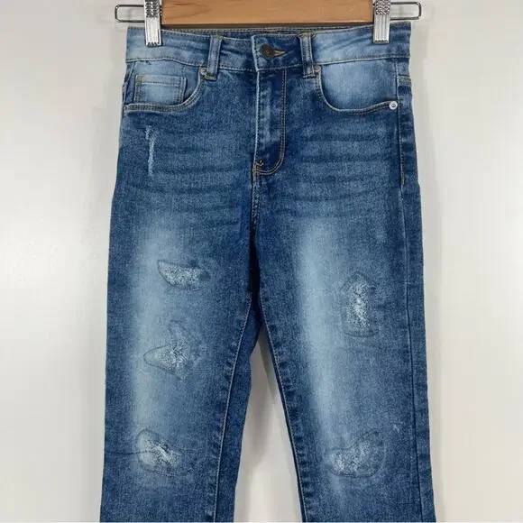 Hudson Girl's 10 Flared Jeans Stone Wash Distressed Patches High Rise Denim - Picture 2 of 12